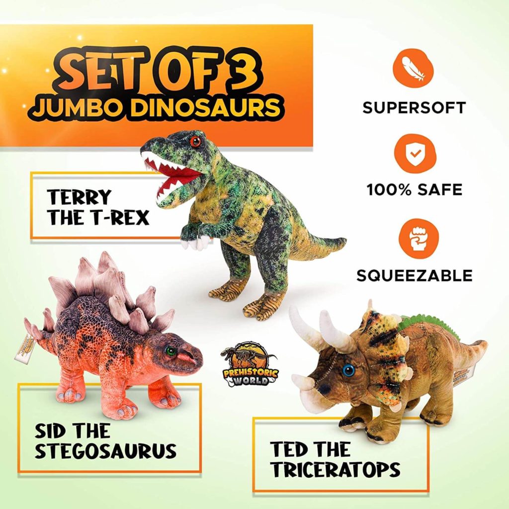 Prehistoric World Set of 3 Jumbo Soft Toy Dinosaurs